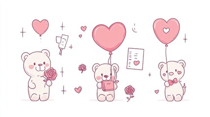 Icon Set of Teddy Bears with Valentine&rsquo;s Day Themes, Teddy Day