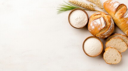 Artisan bread, flour, wheat, baking, light background, food photography
