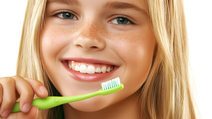 A pretty 18-year-old girl with beautiful blond hair smiling while brushing her teeth with a green toothbrush in a bright bathroom setting personal care morning routine