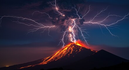 Erupting Volcano with Lightning Bolts and Flowing Lava Dramatic Nature.