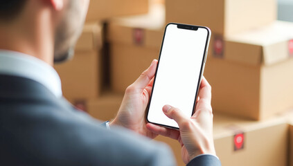 A businessman holds a phone in his hands against a background of cardboard boxes with a red location pin.