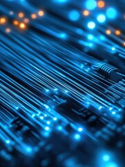 Close-up of vibrant blue fiber optic cables glowing with light, representing data transmission and advanced technology.