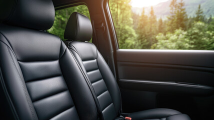 Black leather car seats with scenic forest view outside