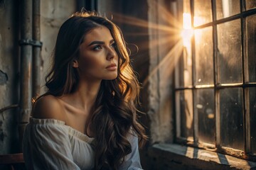 Obraz premium Portrait of a beautiful girl with curly hair at the window of an old house, in which the warm bright sun is shining. A romantic image. Loneliness, emptiness and waiting.