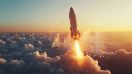 Fototapeta premium A captivating 8k rendered photorealistic image of a rocket flying through the clouds in a stunning blue sky with fluffy white clouds showcasing advanced aerospace technology and dynamics