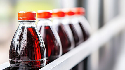 Soft drink bottles with red caps on production line