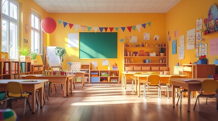 Modern cheerful classroom interior bright colors natural light inviting learning environment