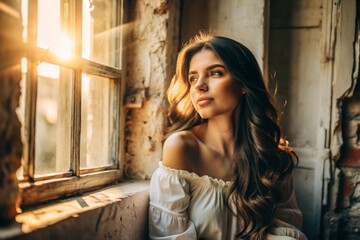 Obraz premium Portrait of a beautiful girl with curly hair at the window of an old house, in which the warm bright sun is shining. A romantic image. Loneliness, emptiness and waiting.