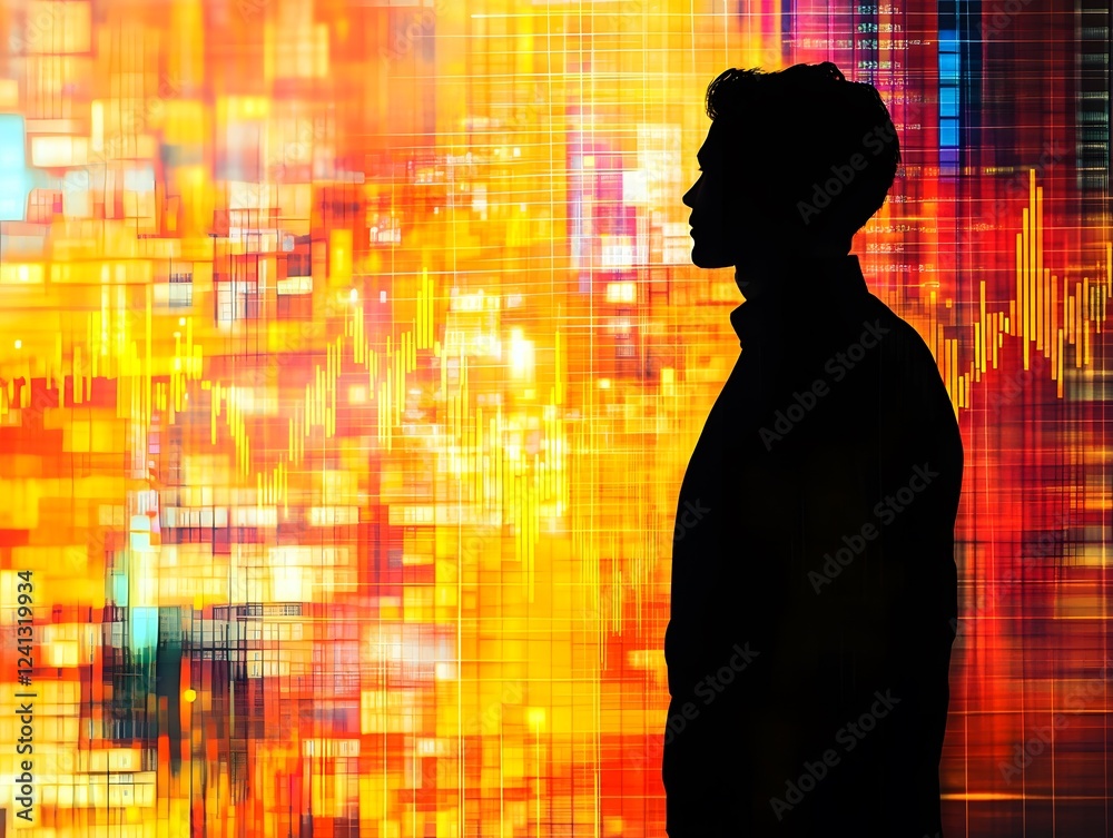 Aufkleber Human silhouette against a vibrant abstract backdrop with colorful patterns and shapes representing data visualization and digital technology concepts.