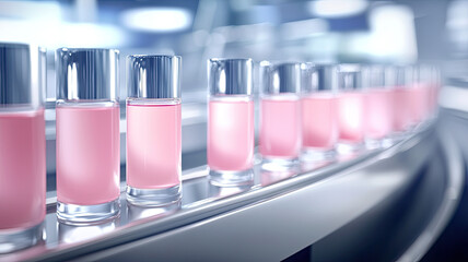 Pink lip gloss bottles on conveyor in modern factory