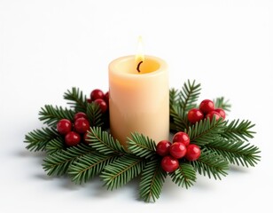 Lit Candle in Christmas Wreath with Holly Berries