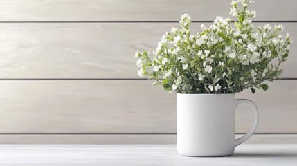 White flowers in mug, wooden background, spring