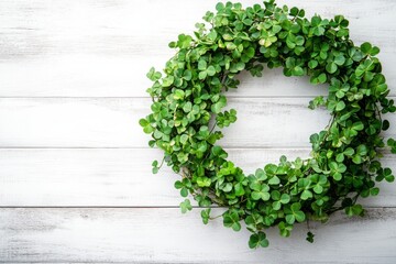  St. Patrick’s Day Clover Wreath on a White Wooden Background