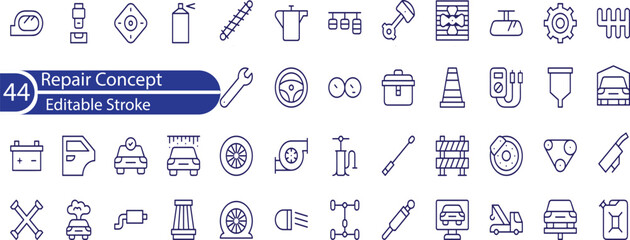 Repair concept editable stroke outline icons set isolated on white background flat vector