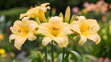 Fototapeta premium Photo of the ancient Sphinx rock formation Close-up of yellow daylily in full bloom 