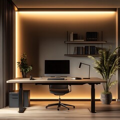 Modern luxurious office sleek wooden furnishings warm ambient lighting professional
