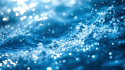 Blurry blue water surface with shimmering bubbles and gentle splashes, illuminated by sunlight, creating a tranquil natural background with ample space for text or design elements.
