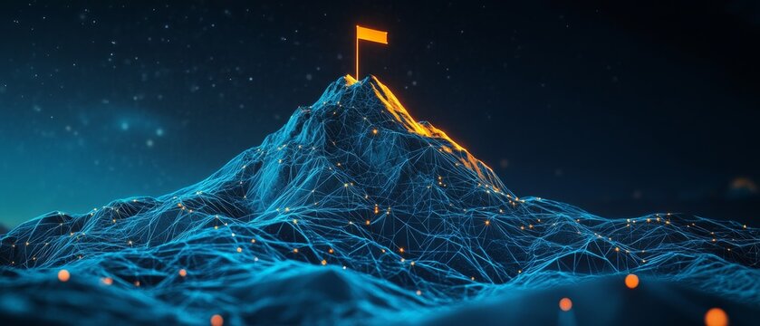 A digital mountain peak with glowing blue lines and an illuminated flag on top, symbolizing the goal of technological innovation in global network security for big data