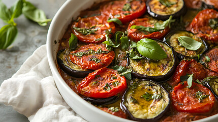 Fototapeta premium A tomato and roasted eggplant dip with olive oil and herbs.