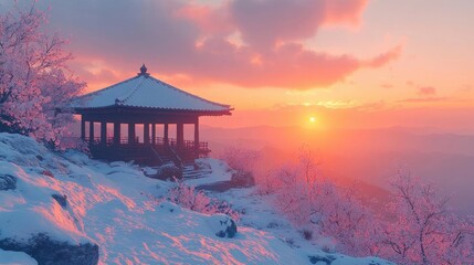 Fototapeta premium Snowy Mountaintop Pavilion at Sunset