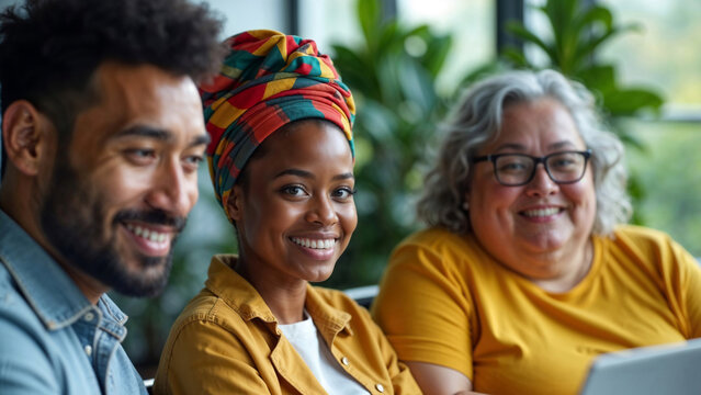 Close-up of multiethnic group of businesspeople, team of three diverse employees smiling while working together in modern office with casual attire, looking at camera. Diversity at work