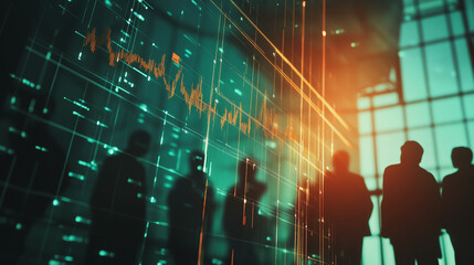 Group of business people silhouettes in modern office building and business network concept. Human resources with pastel innovation charts and graphs with statistics to analyze business