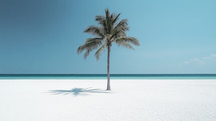 Solitary palm tree on pristine white beach under clear blue sky with calm ocean