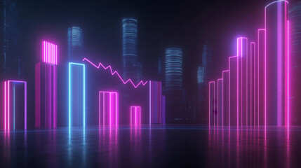 Fototapeta premium Futuristic neon cityscape with glowing bars and downward trend line, creating vibrant digital atmosphere. scene evokes sense of modernity and technology