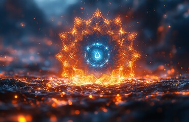 Glowing Orange Sparks Forming an Intricate Pattern Around a Central Blue Droplet

