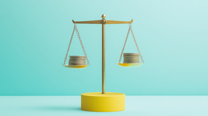 golden scale balances stacks of coins both sides, symbolizing financial equilibrium and economic stability. vibrant yellow base contrasts with serene turquoise background, creating visually