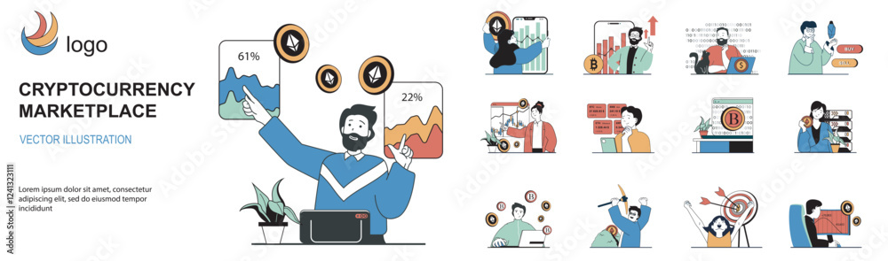 Leinwandbilder cryptocurrency marketplace concept with character situations mega set in flat web design. bundle of 