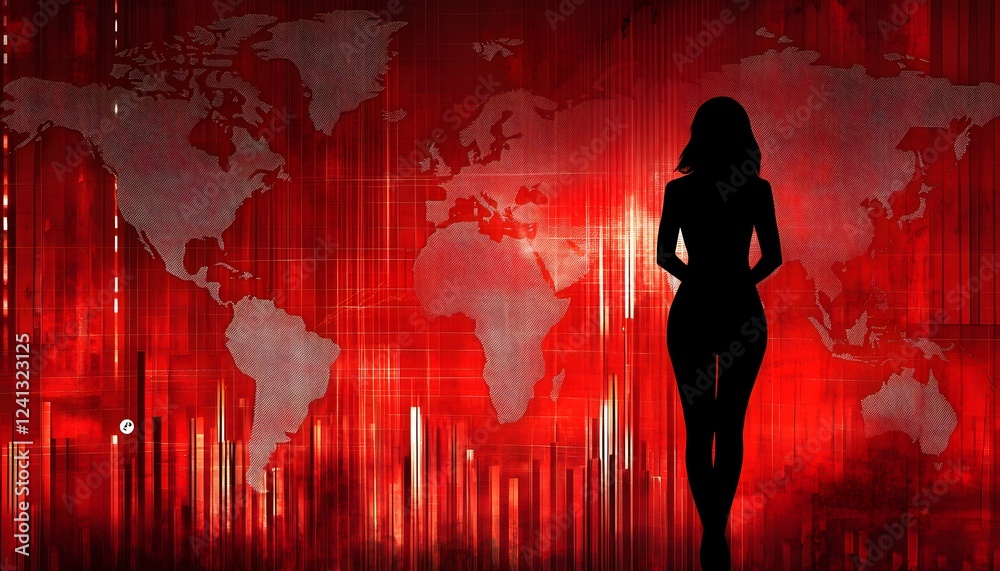 Aufkleber silhouette of a woman against a red world map background with financial bar graphs, representing glo