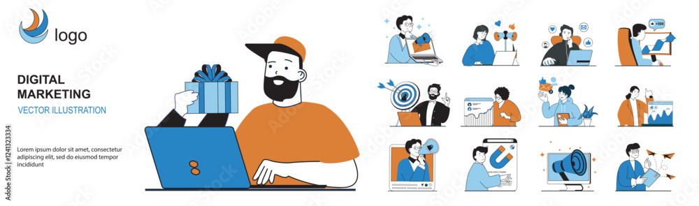 Aufkleber Digital marketing concept with character situations mega set in flat web design. Bundle of scenes people creating promote strategy, making online advertising with customer gifts. Vector illustrations.