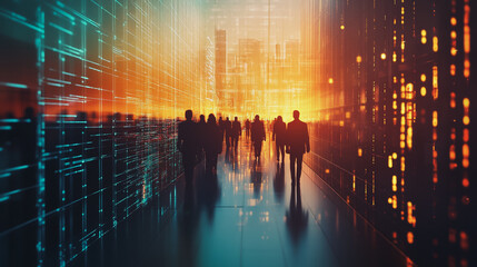 abstract professional business team people connection of line from nail node to node on Smart digital cityscap and skyline background , Innovation networking concept