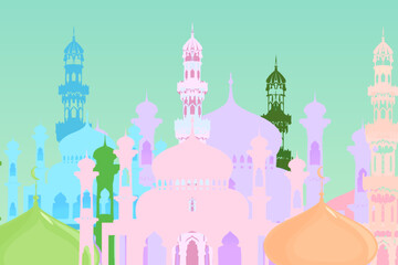 silhouette of a mosque building with a colorful gradient background