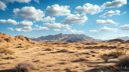 Naklejka premium Rolling sand dunes with green palm trees and towering mountains beneath sky