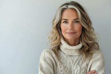 Fototapeta premium Confident mature woman with blonde wavy hair wearing white knit turtleneck sweater, arms crossed, standing against light wall background. Natural beauty and aging concept.