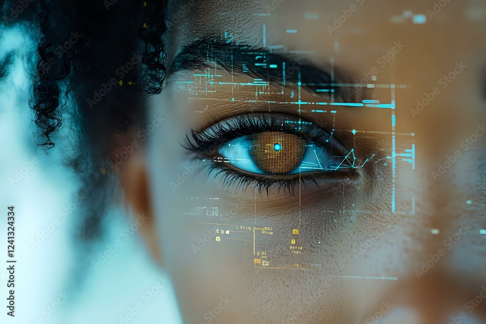 Poster close up of brown eye with digital interface overlay showing biometric scanning and data analysis, f