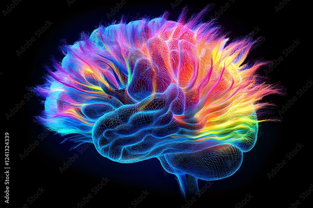 Poster vibrant multicolored brain visualization with glowing neon effect showing neural activity and consci
