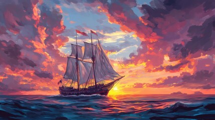 Fototapeta premium A vibrant illustration of the Mary Celeste, with its sails billowing in the wind, set against a picturesque sunset over the ocean, creating a sense of adventure.