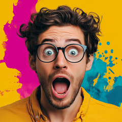 Shocked man with open mouth, surprised expression, wide eyes, and curly hair against a vibrant colorful background