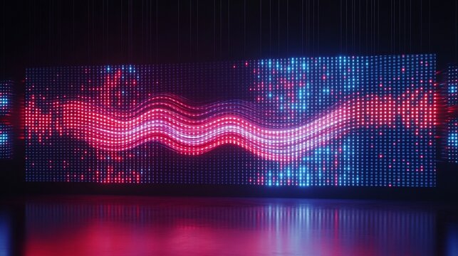 Abstract LED Light Wave Display: Neon Red and Blue Digital Waveform on a Dark Background