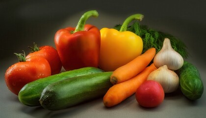 Colorful arrangement of fresh vegetables including bell peppers, cucumbers, tomatoes, and carrots on a neutral background