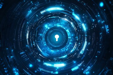 Fototapeta premium Glowing blue digital keyhole surrounded by futuristic circular interface elements and binary code patterns on dark background, representing cybersecurity technology.