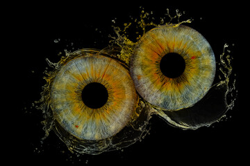 Close up of eye iris on black background, macro, photography.