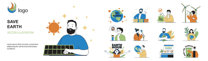 Save Earth concept with character situations mega set in flat web design. Bundle of scenes people collecting and separating garbage, protecting nature, using eco technology. Vector illustrations.