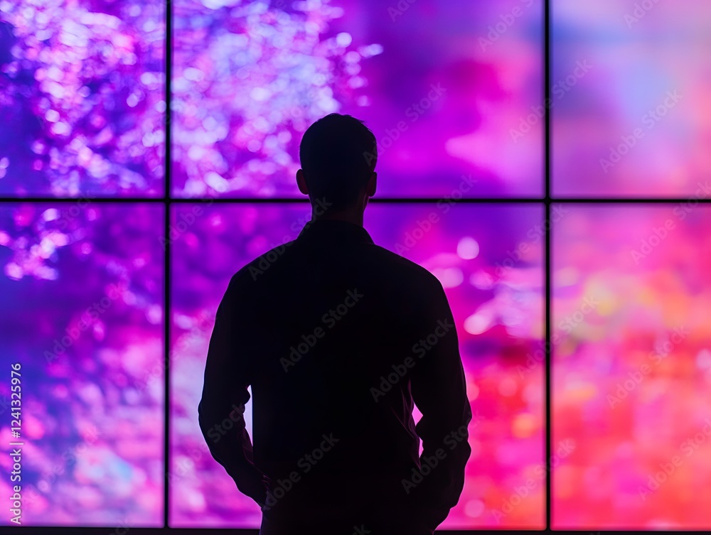 Aufkleber silhouette of a person viewing colorful abstract digital art on a large screen in a modern gallery o