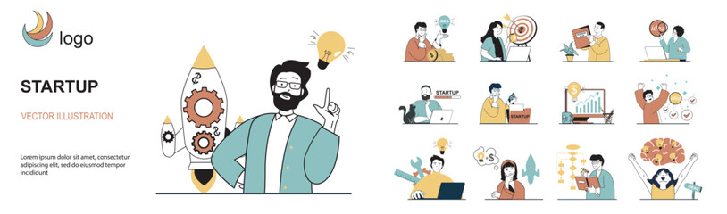 Startup concept with character situations mega set in flat web design. Bundle of scenes people generating ideas, developing new company with investments, achieving company goals. Vector illustrations.