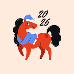 Red fire horse, symbol of Chinese New Year 2026. Animal with blue hat and scarf. Celebration. Poster, print, card. Vector illustration.