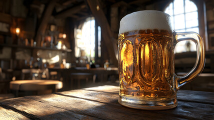 A traditional beer stein filled with golden lager, sitting on a wooden tavern table.